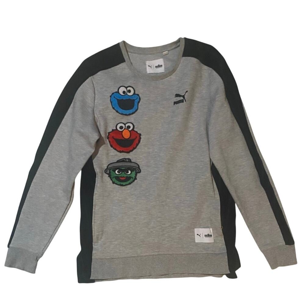 Puma x Sesame Street Sweatshirt Small Grey Character Patches Elmo Cookie Monster